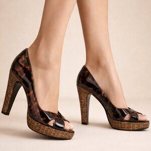 Stuart Weitzman Tortoise Patent Peep Toe Platform Pumps Wicker Heel 6